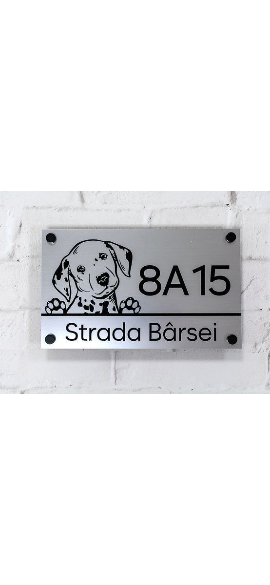 Plăcuță adresă model câine dalmațian, din bond auriu sau argintiu, cu text personalizat prin gravare