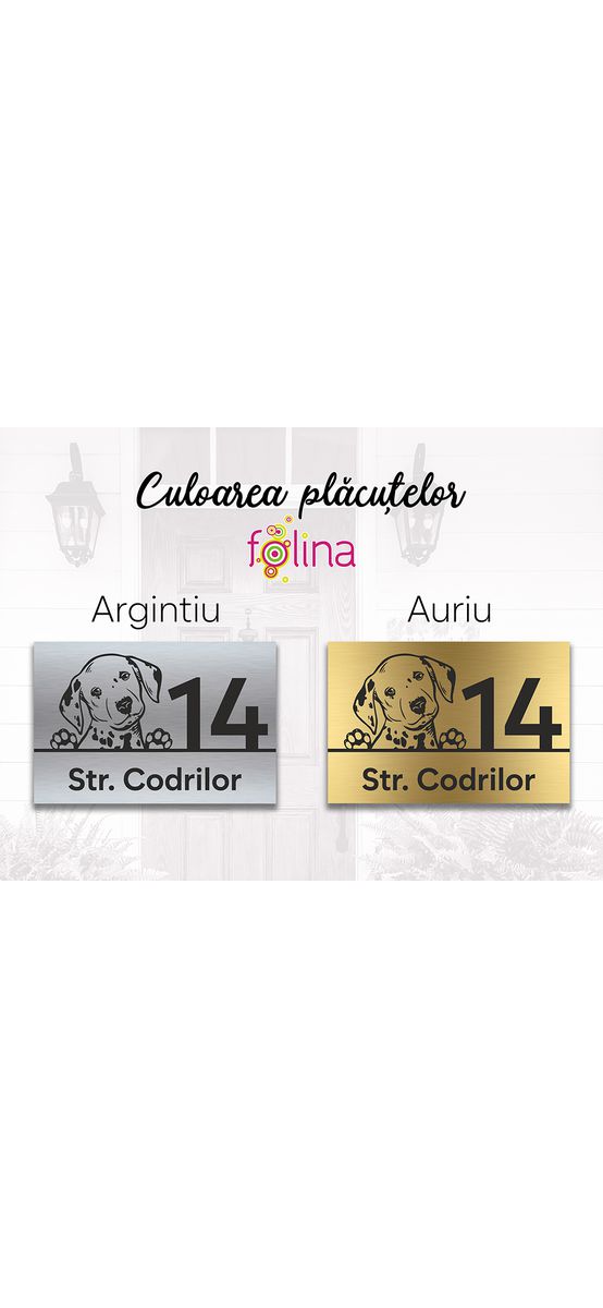 Plăcuță adresă model câine dalmațian, din bond auriu sau argintiu, cu text personalizat prin gravare