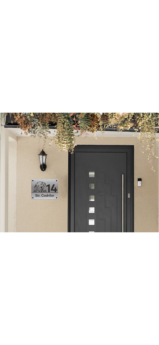 Plăcuță adresă model câine dalmațian, din bond auriu sau argintiu, cu text personalizat prin gravare