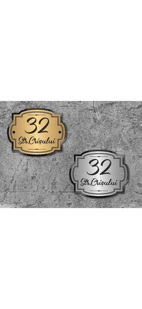Plăcuță adresă model elegant, din bond auriu sau argintiu, si acril negru ,cu text personalizat prin gravare, dimensiune 25x20cm