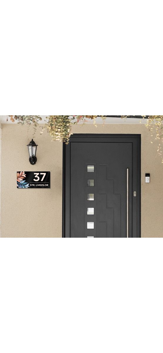 Plăcuță adresă model floral, printare UV, cu text personalizat, sistem de fixare inclus
