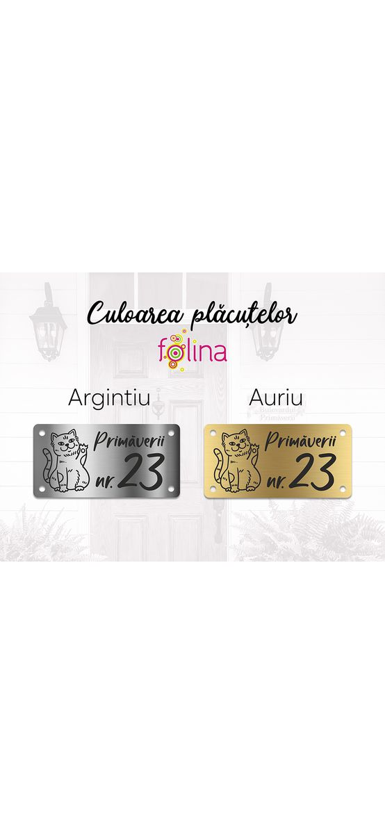 Plăcuță adresă din bond auriu sau argintiu, model pisică Oscar, cu text personalizat prin gravare