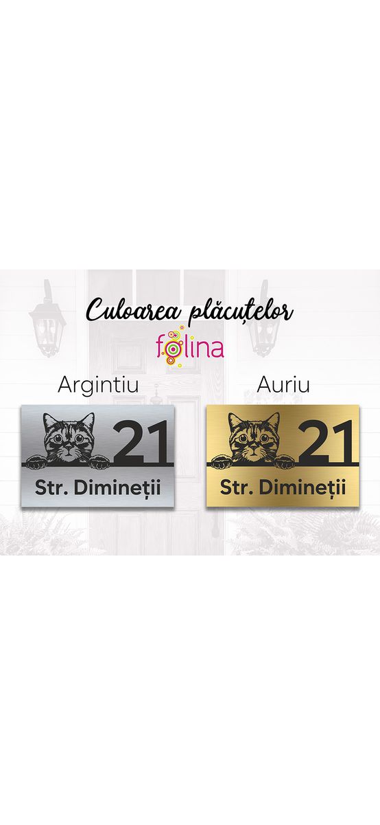 Plăcuță adresă model pisică din bond auriu sau argintiu, cu text personalizat prin gravare