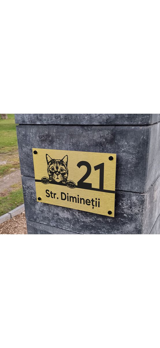 Plăcuță adresă model pisică din bond auriu sau argintiu, cu text personalizat prin gravare