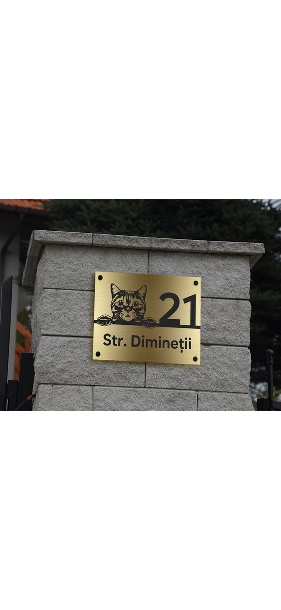 Plăcuță adresă model pisică din bond auriu sau argintiu, cu text personalizat prin gravare