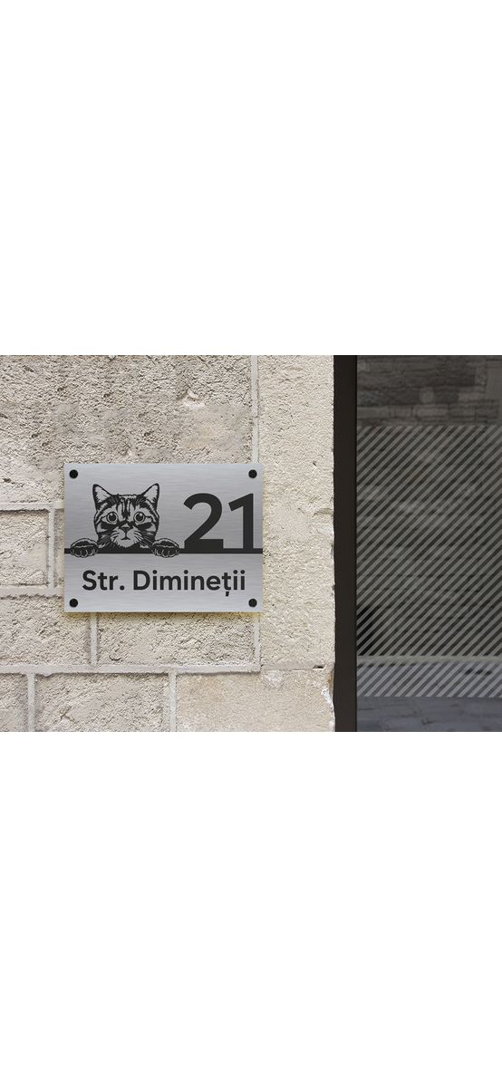 Plăcuță adresă model pisică din bond auriu sau argintiu, cu text personalizat prin gravare