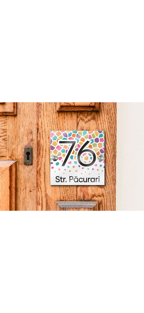 Plăcuță personalizată la comandă, model mozaic, printare UV, distanțiere incluse