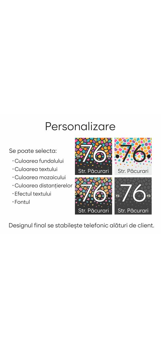 Plăcuță personalizată la comandă, model mozaic, printare UV, distanțiere incluse