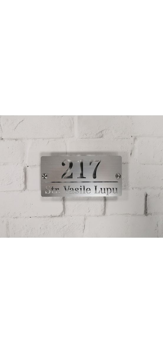 Plăcuţă număr și adresă casă, din bond, cu text personalizat prin decupare