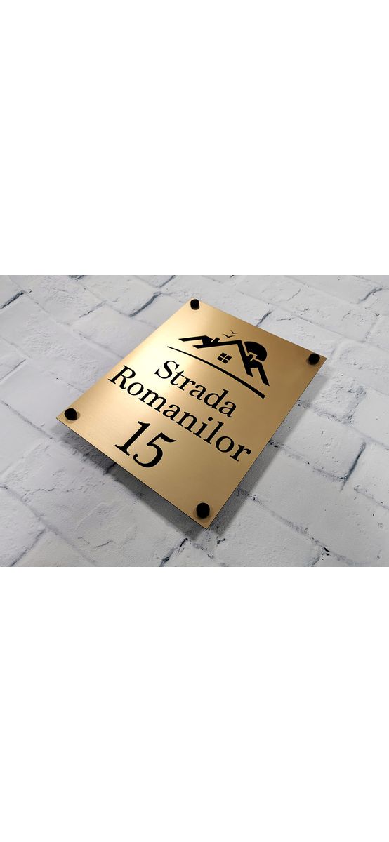 Plăcuţă cu număr și/sau adresă casă, din bond auriu, cu text personalizat