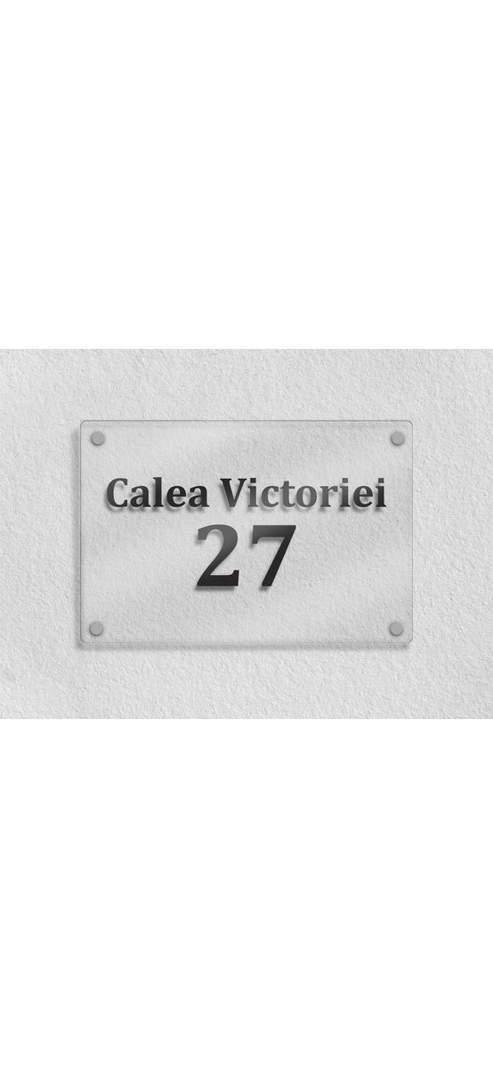 Plăcuţă adresă, din plexiglass transparent și scris din vinil, cu text personalizat