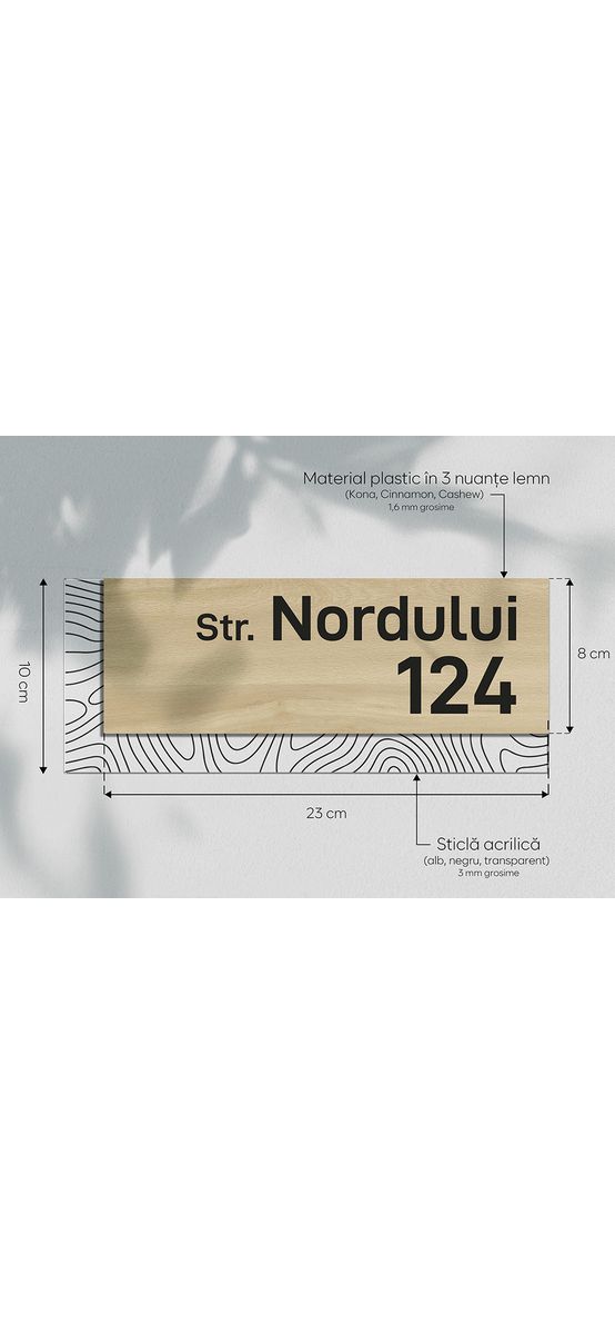 Plăcuță personalizată cu număr și adresă în două straturi, model modern printat UV, text personalizat, 25x10 cm