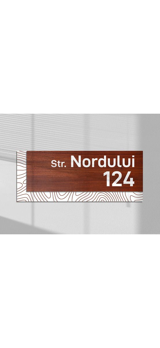Plăcuță personalizată cu număr și adresă în două straturi, model modern printat UV, text personalizat, 25x10 cm