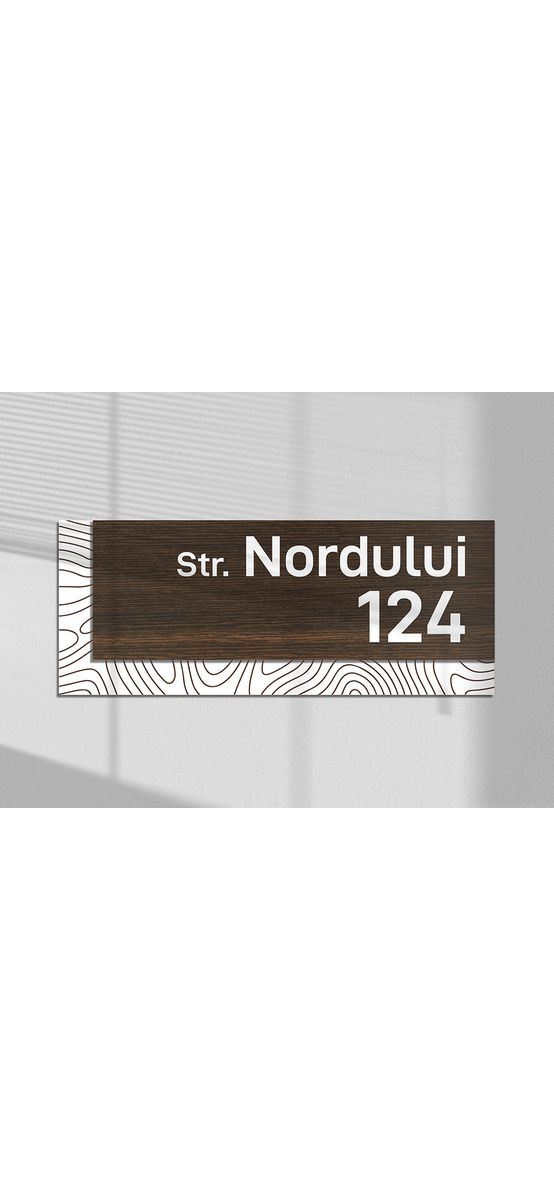 Plăcuță personalizată cu număr și adresă în două straturi, model modern printat UV, text personalizat, 25x10 cm