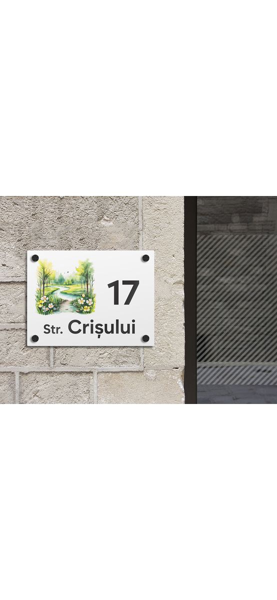 Plăcuță cu număr și adresă model printat UV, text personalizat, distanțiere incluse
