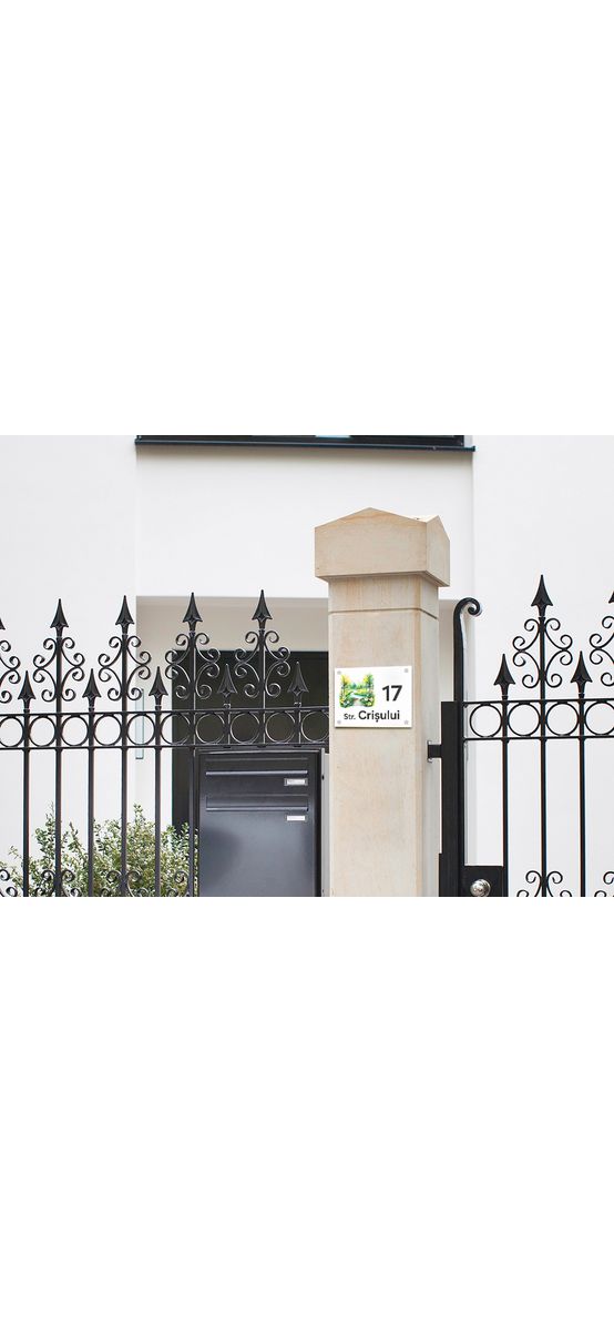 Plăcuță cu număr și adresă model printat UV, text personalizat, distanțiere incluse