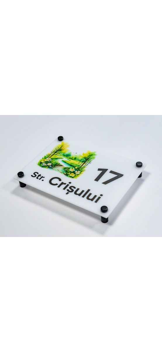 Plăcuță cu număr și adresă model printat UV, text personalizat, distanțiere incluse