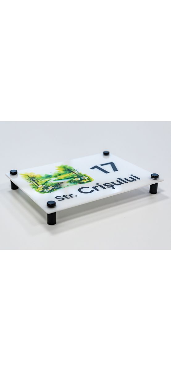 Plăcuță cu număr și adresă model printat UV, text personalizat, distanțiere incluse