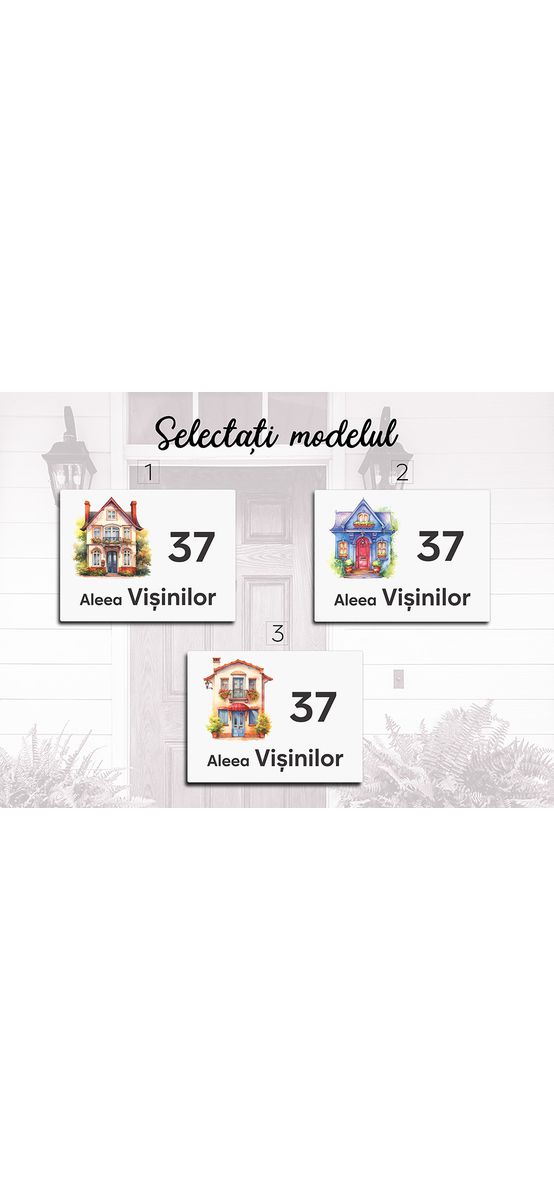 Plăcuță cu număr și adresă model printat UV și 3 modele la alegere, text personalizat, distanțiere incluse