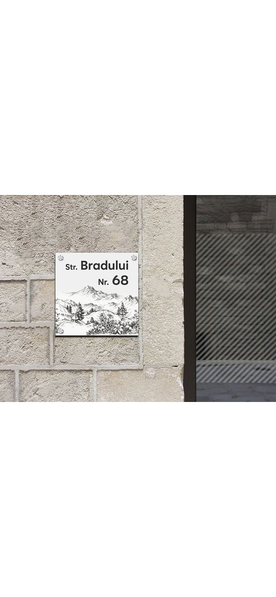 Plăcuță cu număr și adresă model printat UV, text personalizat, distanțiere incluse