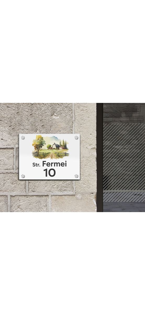 Plăcuță cu număr și adresă model printat UV, text personalizat, distanțiere incluse