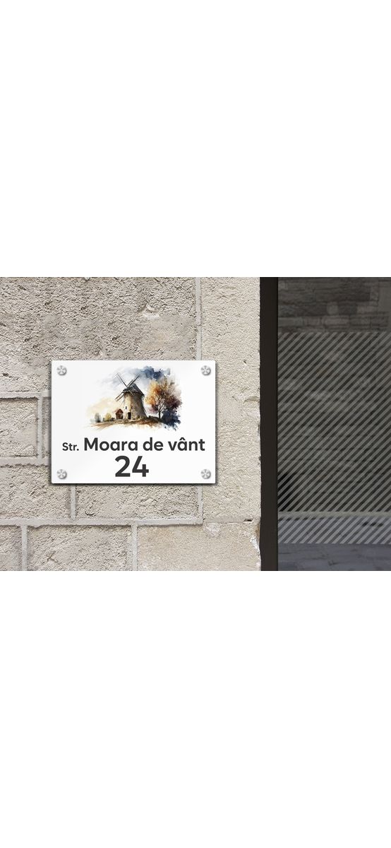 Plăcuță cu număr și adresă model printat UV, text personalizat, distanțiere incluse
