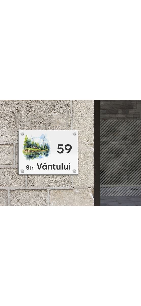 Plăcuță cu număr și adresă model printat UV, text personalizat, distanțiere incluse