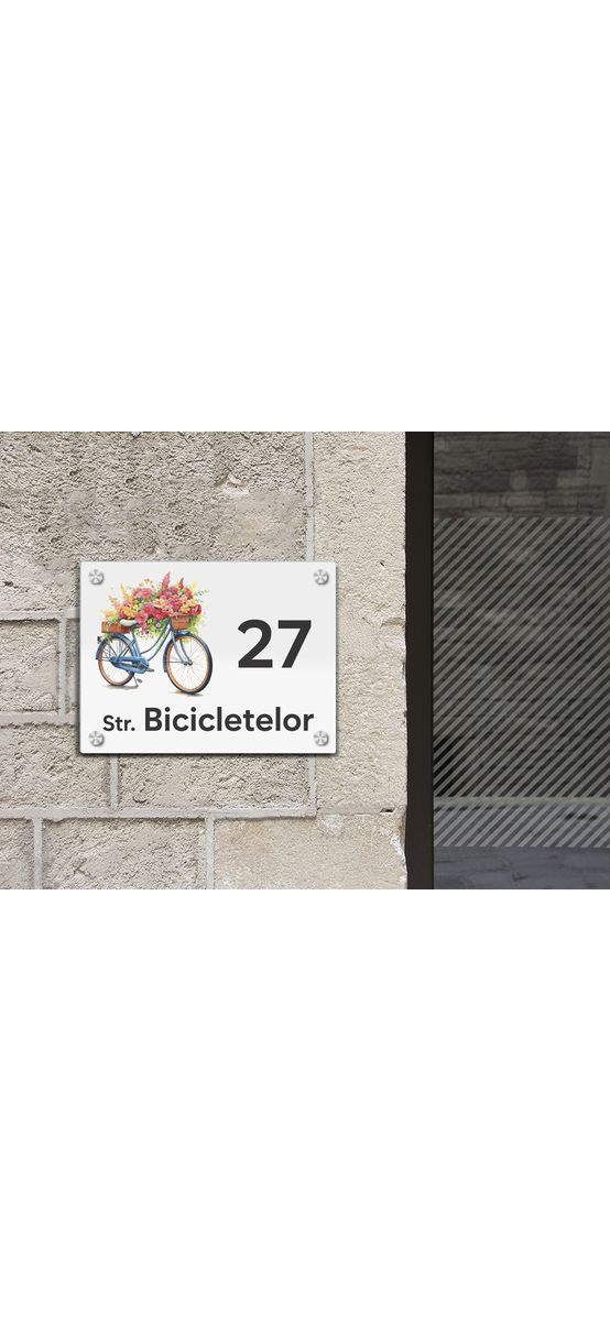 Plăcuță cu număr și adresă model printat UV, text personalizat, distanțiere incluse