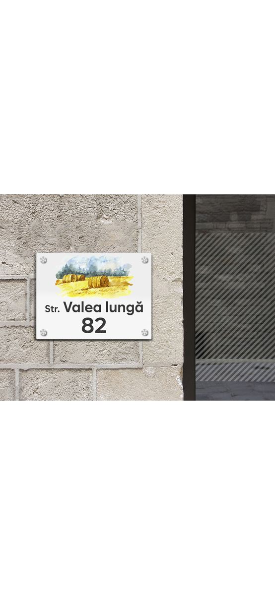 Plăcuță cu număr și adresă model printat UV, text personalizat, distanțiere incluse