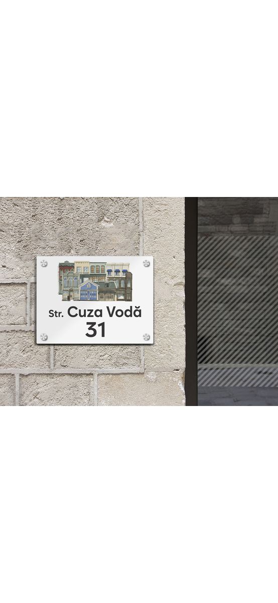 Plăcuță cu număr și adresă model printat UV, text personalizat, distanțiere incluse