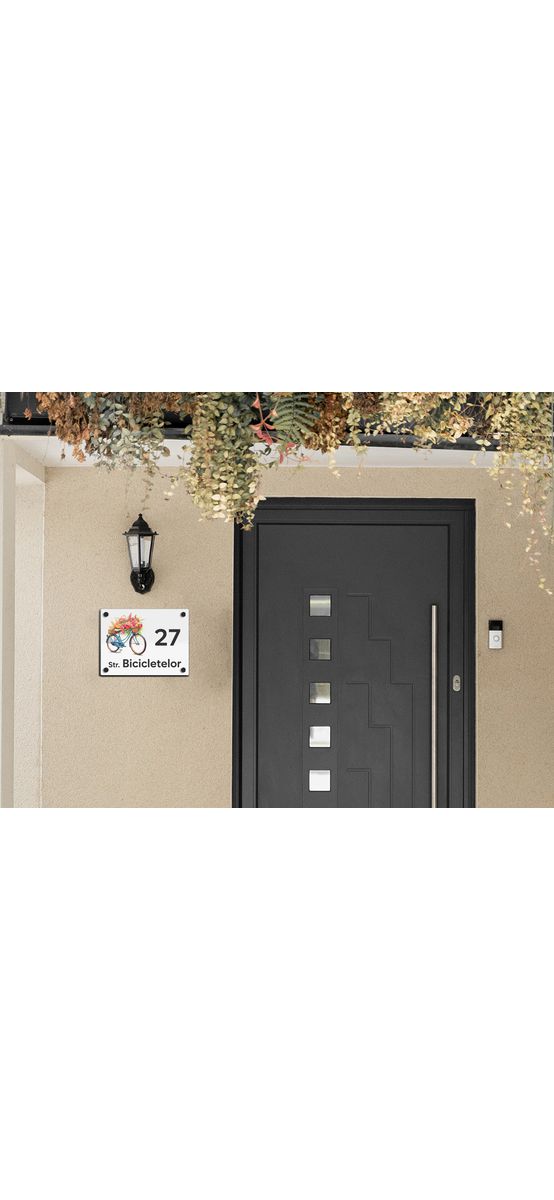 Plăcuță cu număr și adresă model printat UV, text personalizat, distanțiere incluse