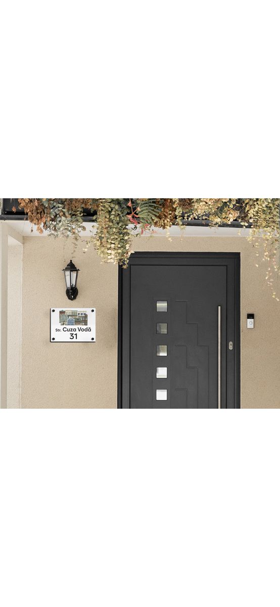 Plăcuță cu număr și adresă model printat UV, text personalizat, distanțiere incluse