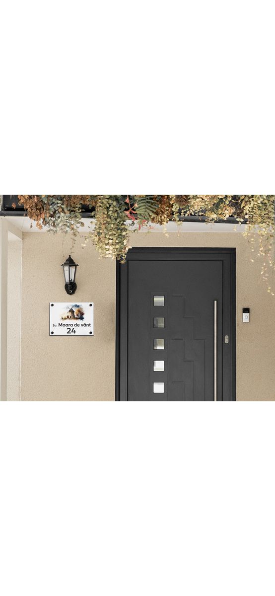 Plăcuță cu număr și adresă model printat UV, text personalizat, distanțiere incluse