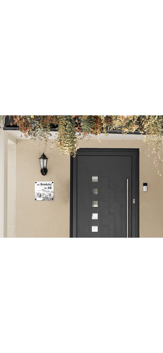 Plăcuță cu număr și adresă model printat UV, text personalizat, distanțiere incluse