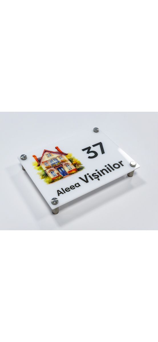 Plăcuță cu număr și adresă model printat UV și 3 modele la alegere, text personalizat, distanțiere incluse