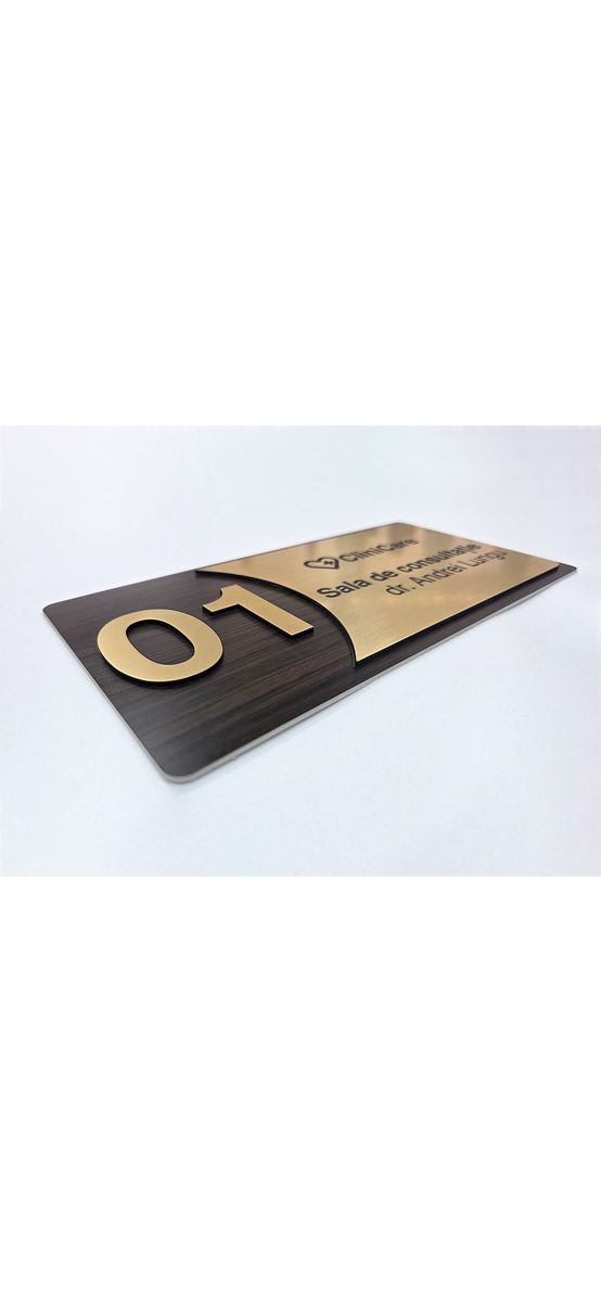 Plăcuță modernă personalizată cu print UV ideală pentru clinici, cabinete medicale, laboratoare sau firme și spații comerciale, diverse combinații de culori, 20x10 cm