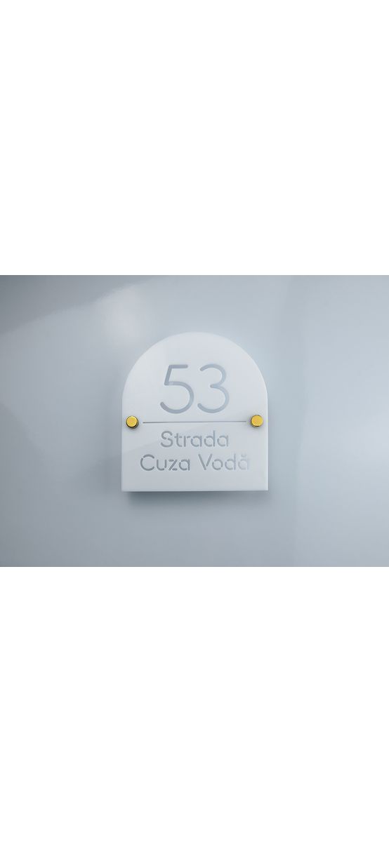 Plăcuță număr și adresă casă din plexiglass, cu text personalizat prin decupare