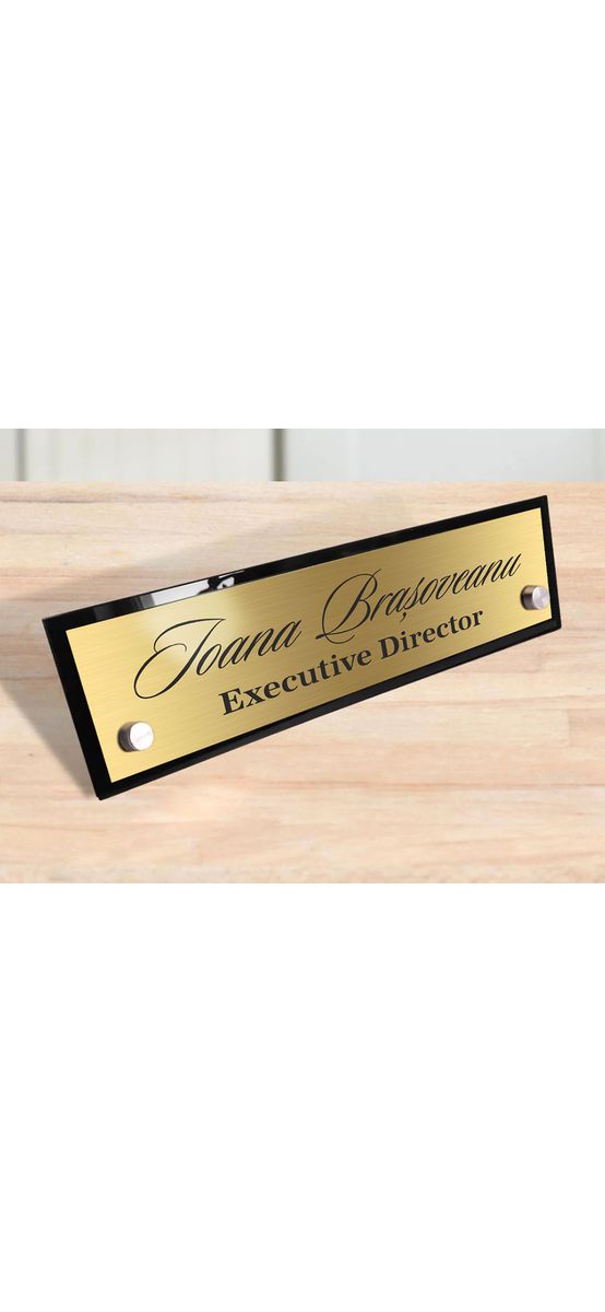 Plăcuță pentru birou, model din două straturi cu text personalizat imprimat la UV, 20x7 cm