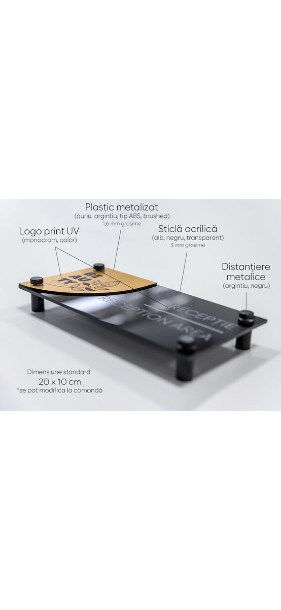 Plăcuță personalizată cu print UV pentru birouri, spații comerciale, firme și instituții, distanțiere incluse