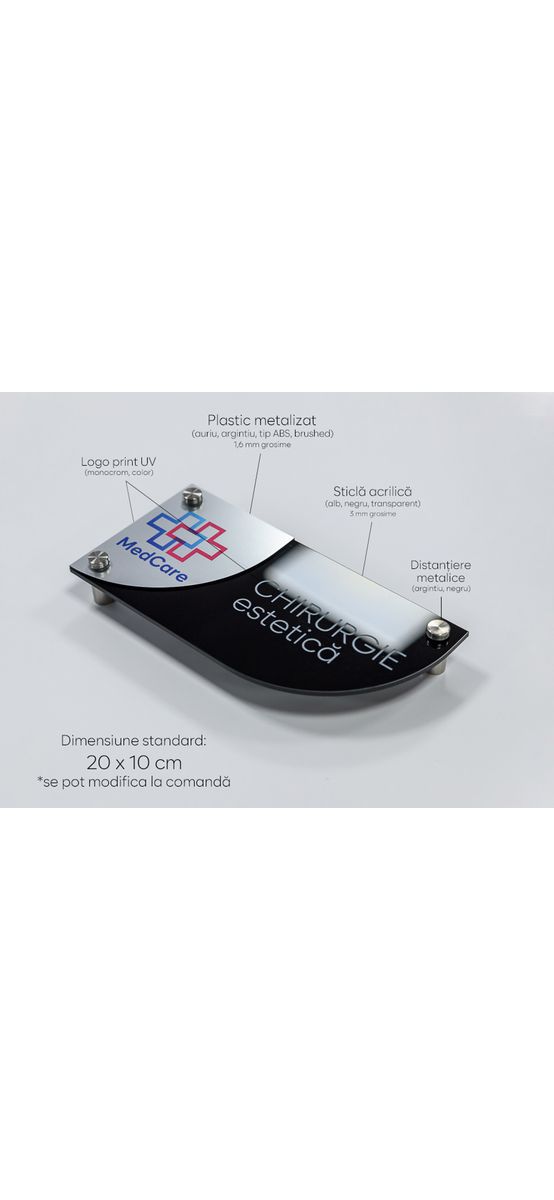 Plăcuță personalizată cu print UV pentru birouri, spații comerciale, firme și instituții, distanțiere incluse