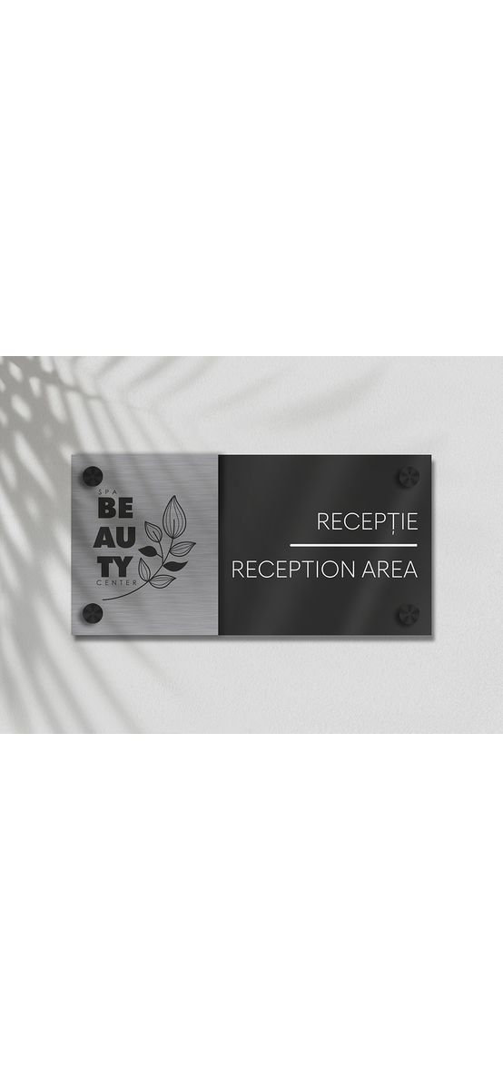 Plăcuță personalizată cu print UV pentru birouri, spații comerciale, firme și instituții, distanțiere incluse
