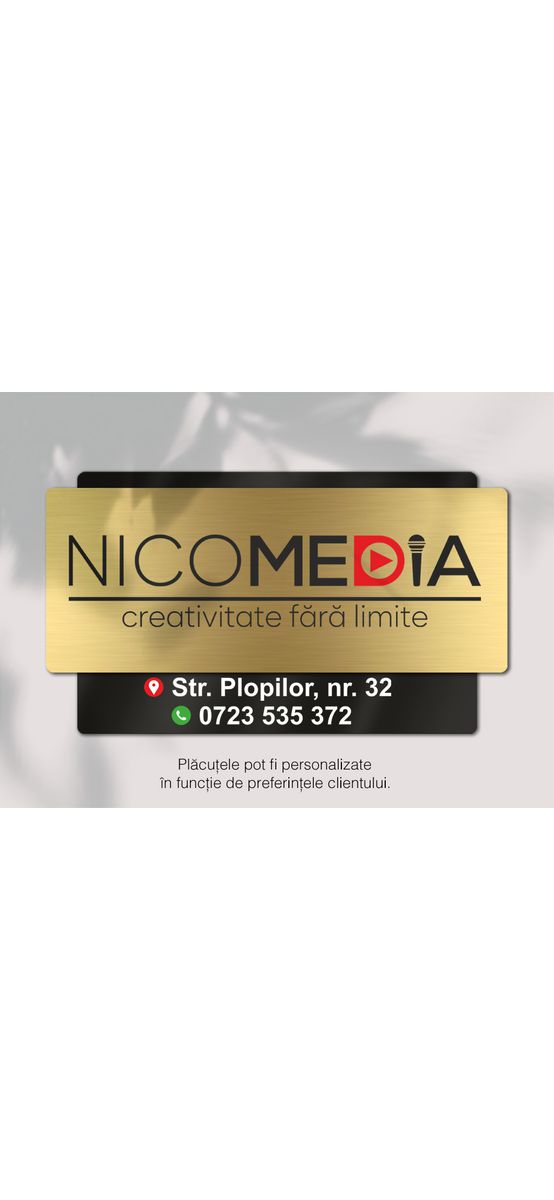 Plăcuță personalizată din două straturi cu print UV pentru birouri, spații comerciale, firme și instituții, distanțiere incluse