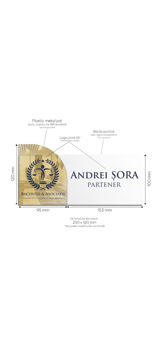Plăcuță personalizată elegantă cu oglindă acrilică și print UV pentru firme, spații comerciale, birouri sau instituții