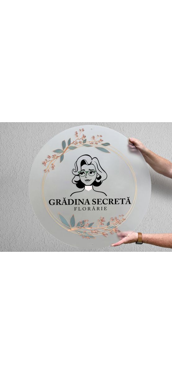 Plăcuță personalizată model din acril mat cu print UV pentru birouri, spații comerciale, firme și instituții, distanțiere incluse