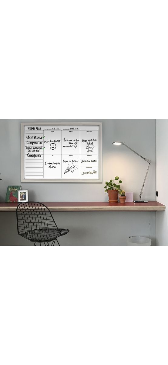 Tablă albă whiteboard, planificator săptămânal, cu ramă din aluminiu, 60x80cm
