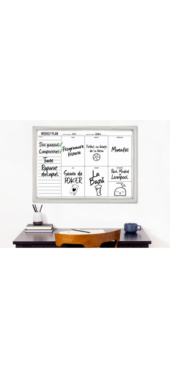 Tablă albă whiteboard, planificator săptămânal, cu ramă din aluminiu, 60x80cm
