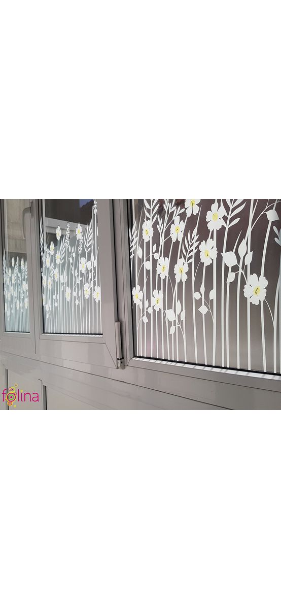 Folie geam autoadezivă Flori de câmp, sablare tip bordură decorativă, 45x200 cm, cu racletă aplicare