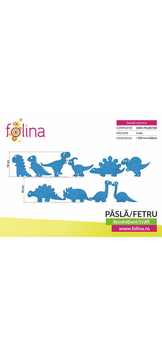 Set 10 decorațiuni creative din fetru albastru cu dinozauri pentru activități craft, Folina, pâslă cu grosime de 3 mm, diverse culori