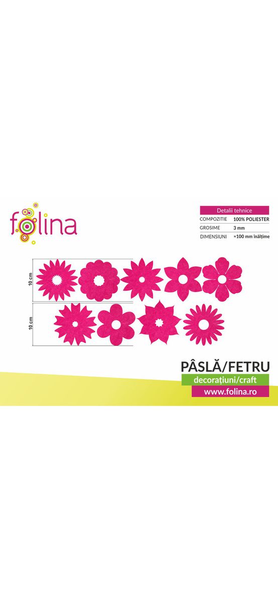 Set 9 decorațiuni creative din fetru magenta cu flori pentru activități craft, Folina, pâslă cu grosime de 3 mm, diverse culori