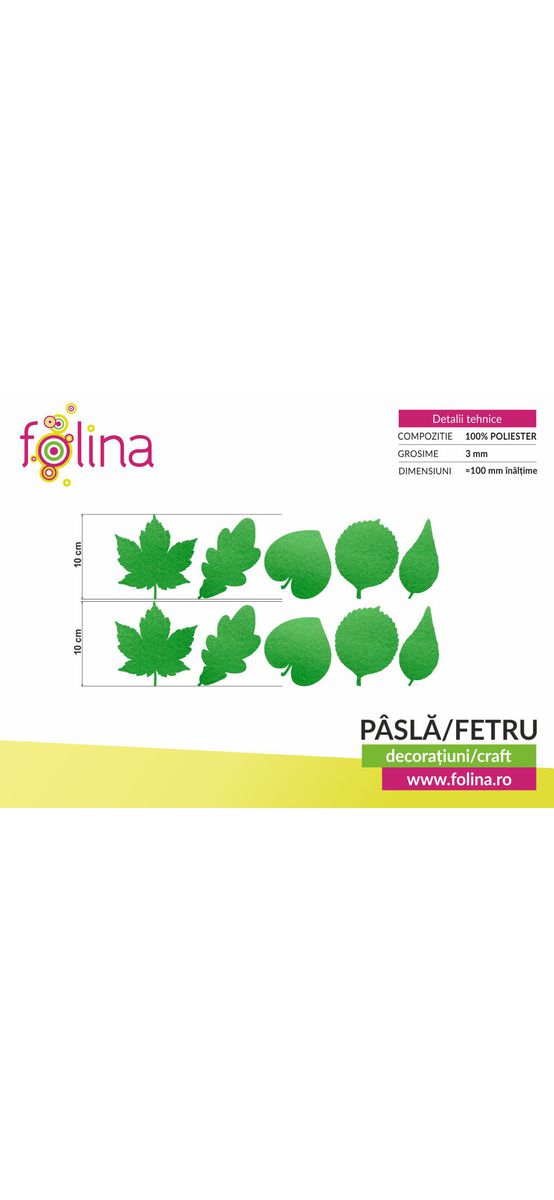 Set 10 decorațiuni creative din fetru verde cu frunze pentru activități craft, Folina, pâslă cu grosime de 3 mm, diverse culori